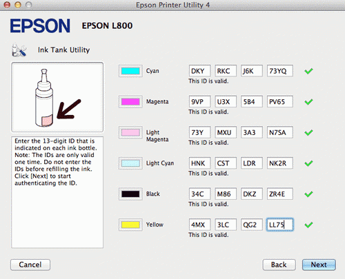Коды чернил для Epson L800